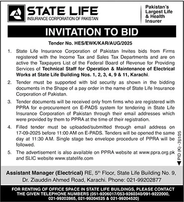 State Life Insurance Corporation of Pakistan Karachi Tender Notice